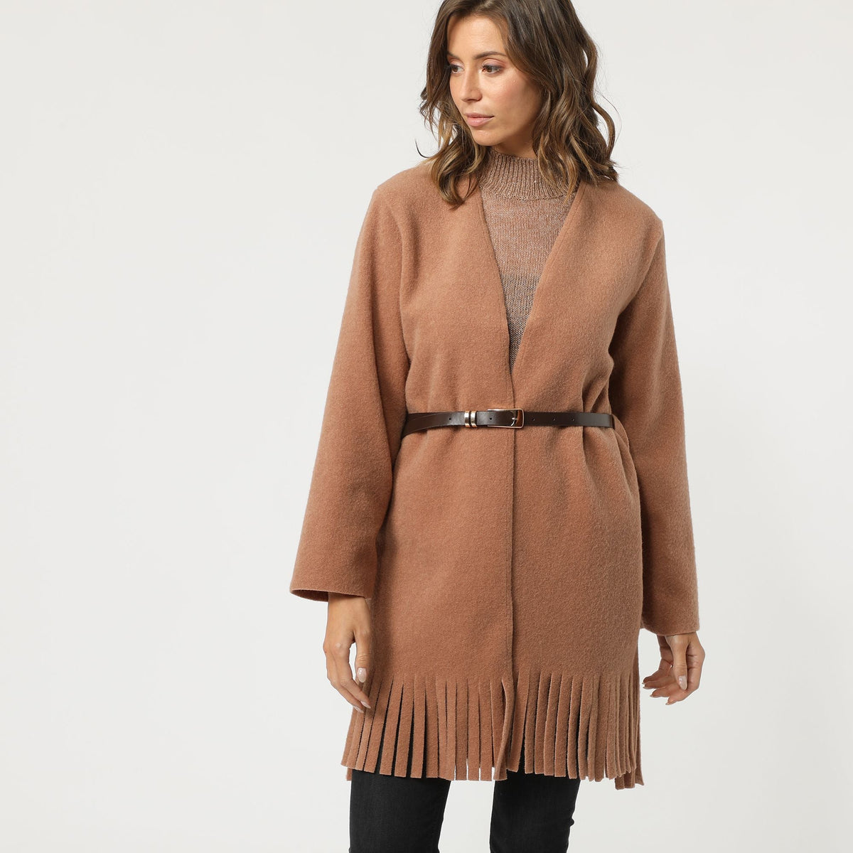 Cardigan mujer abrigo abierto flecos cinturón elegante casual textura suave ligero cálido ideal oficina salidas urbanas fácil de combinar camel talla L ✅Entrega 24/48h