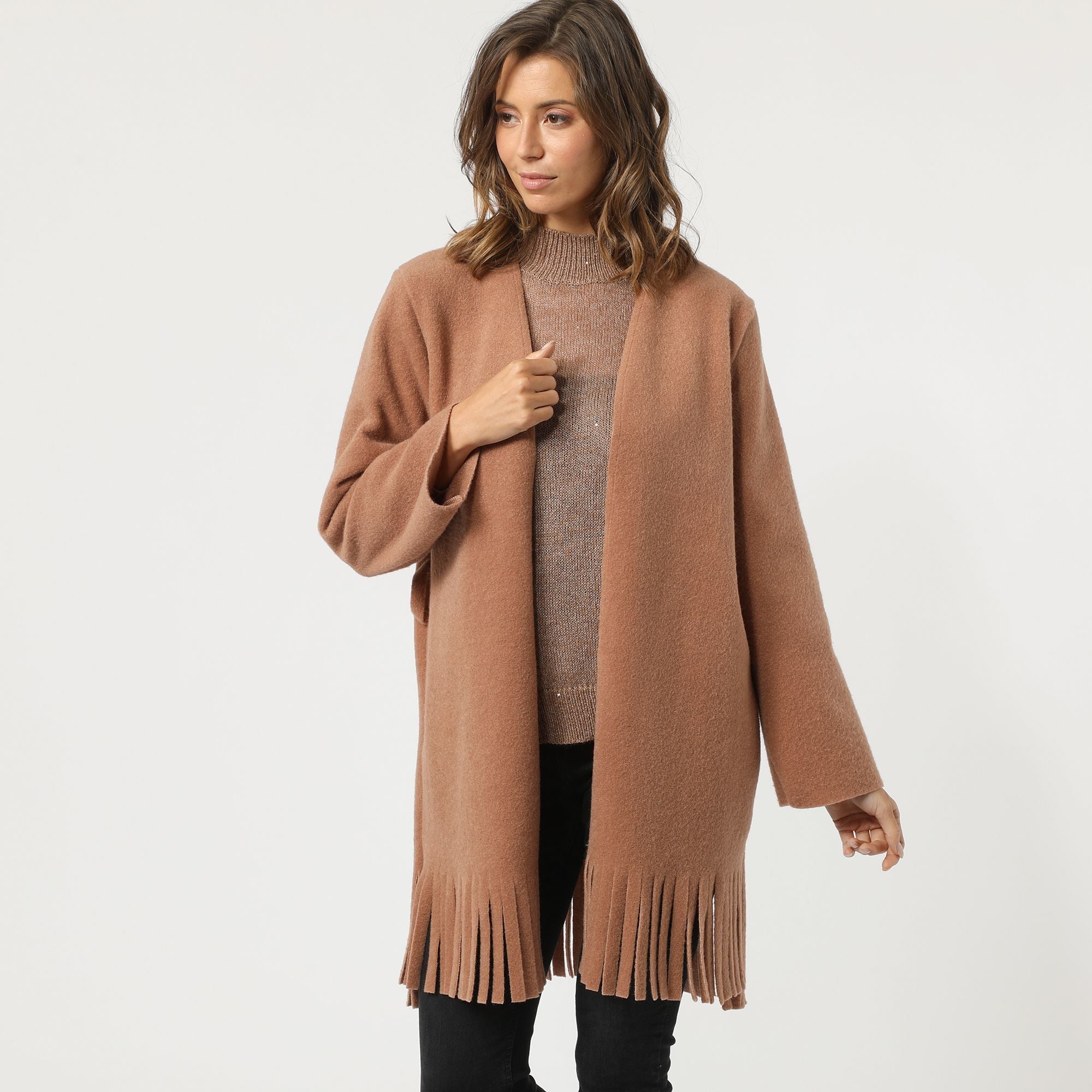 Cardigan mujer abrigo abierto flecos cinturón elegante casual textura suave ligero cálido ideal oficina salidas urbanas fácil de combinar camel talla L ✅Entrega 24/48h