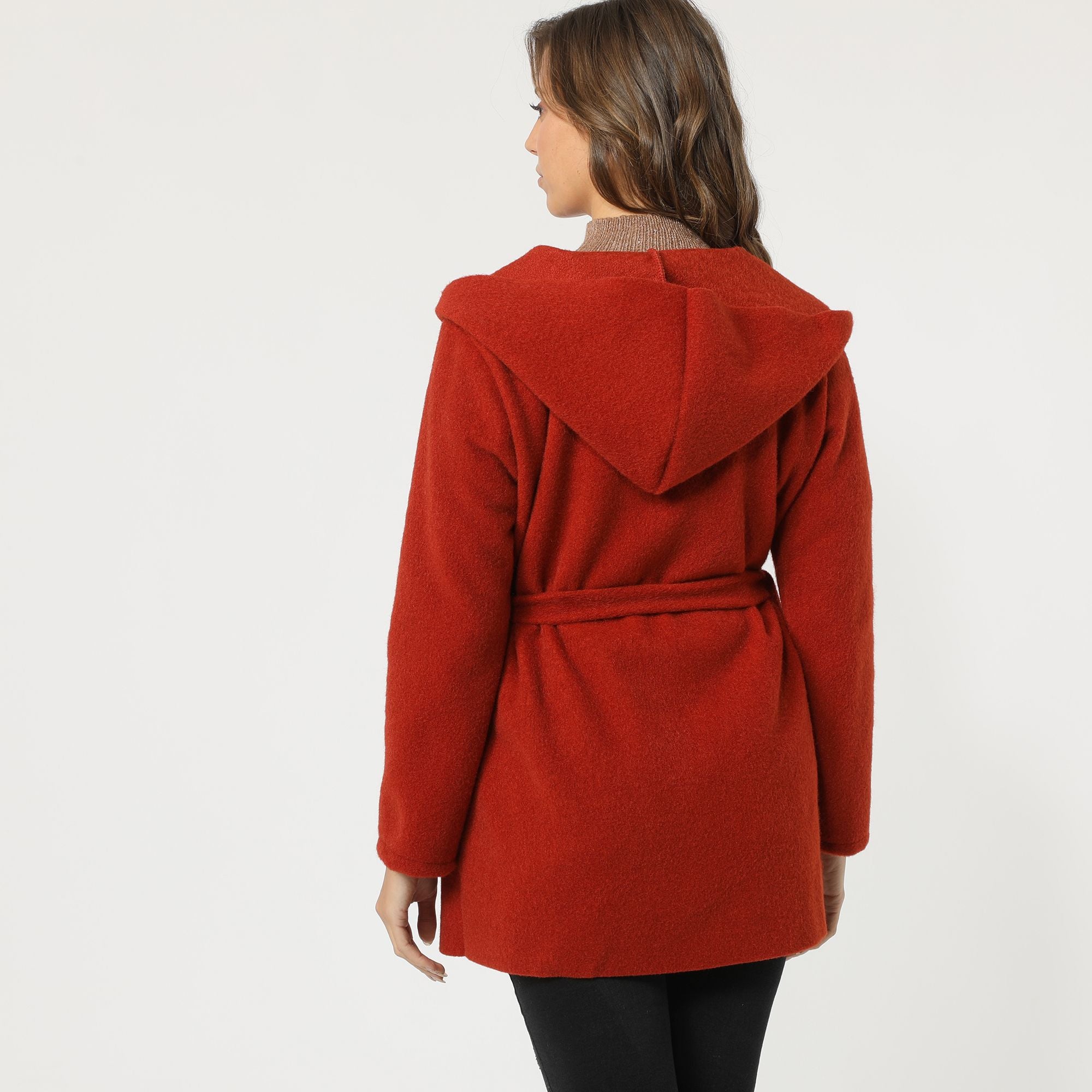 Abrigo mujer afelpado liso, chaqueta con capucha, cinturón ajustable, bolsillos frontales, diseño moderno, tejido cálido, color naranja, talla L, ideal otoño invierno, look casual elegante ✅Entrega 24/48h