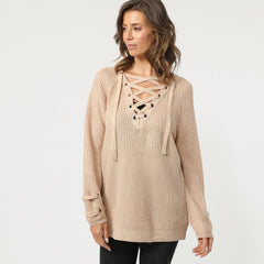 Suéter tejido mujer, pullover suéter casual, criss cross cuello V, manga larga, textura suave, diseño chic, look relajado, color beige, talla L, versátil oficina y casual ✅Entrega 24/48h