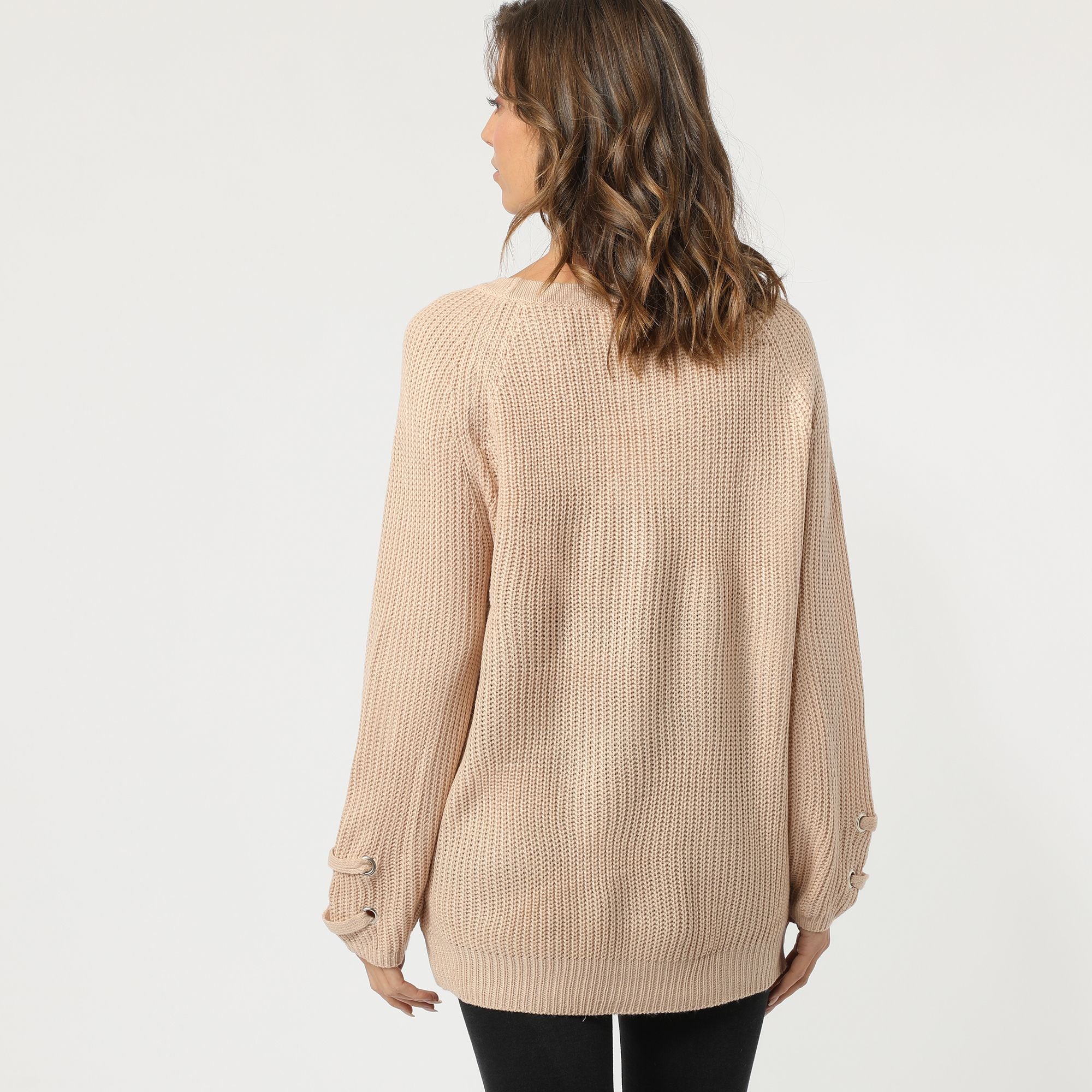 Suéter tejido mujer, pullover suéter casual, criss cross cuello V, manga larga, textura suave, diseño chic, look relajado, color beige, talla L, versátil oficina y casual ✅Entrega 24/48h