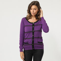 Chaqueta mujer cardigan suéter punto diseño rayas bolsillos ribete contraste cuello redondo amplio botón frontal manga larga suave cómoda casual elegante color morado talla L ✅Entrega 24/48h