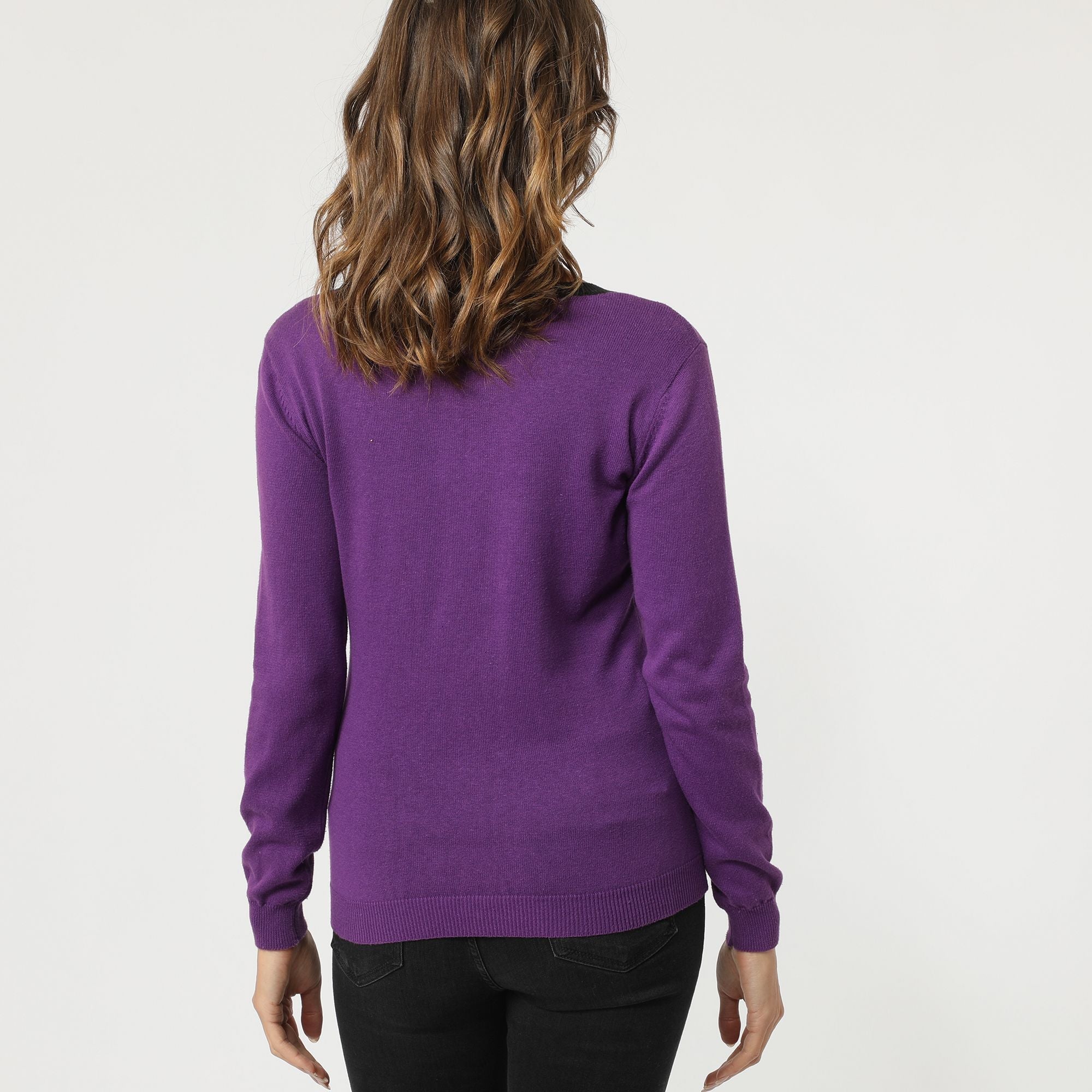 Chaqueta mujer cardigan suéter punto diseño rayas bolsillos ribete contraste cuello redondo amplio botón frontal manga larga suave cómoda casual elegante color morado talla L ✅Entrega 24/48h