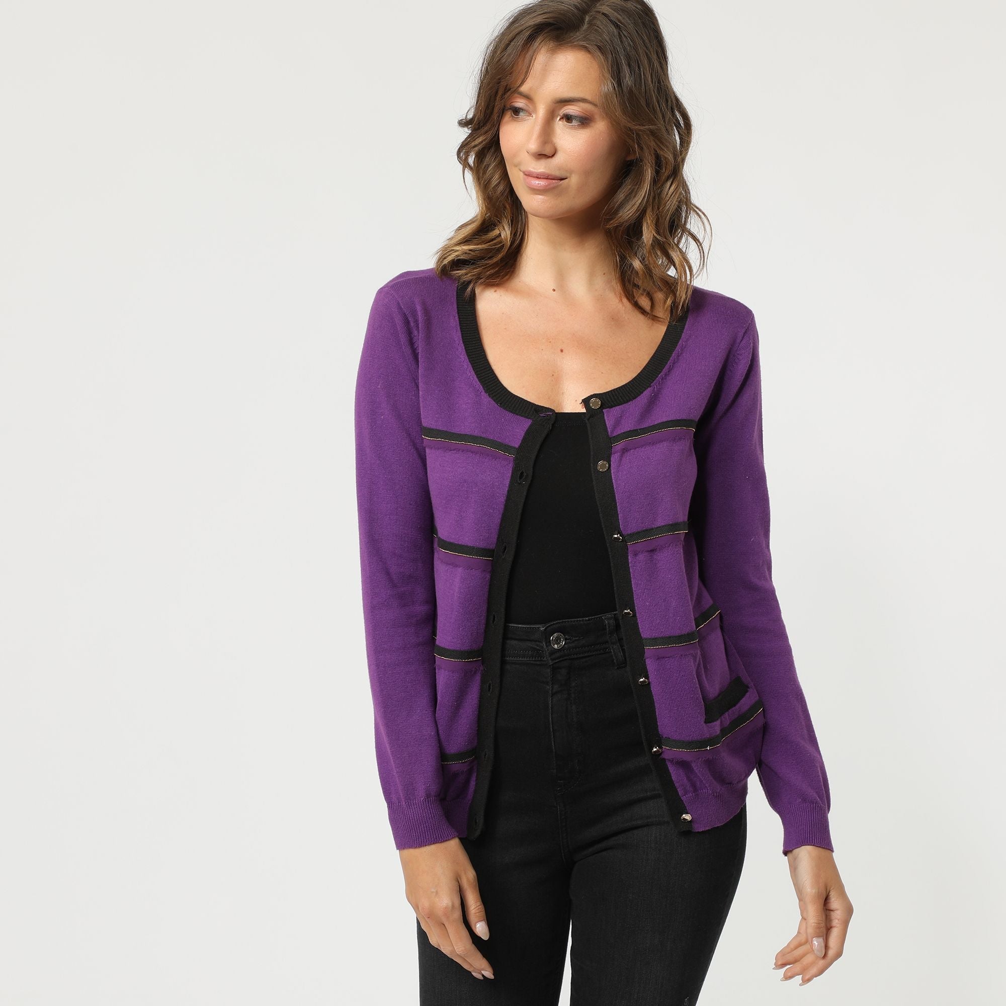 Chaqueta mujer cardigan suéter punto diseño rayas bolsillos ribete contraste cuello redondo amplio botón frontal manga larga suave cómoda casual elegante color morado talla L ✅Entrega 24/48h
