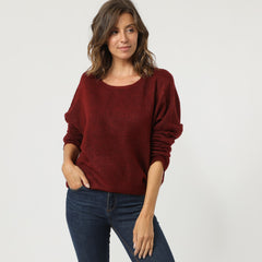 Jersey punto mujer, sweater, suéter Love & Money P9211, diseño cuello redondo amplio, manga larga, color burdeos, talla única, tejido cómodo y versátil, estilo casual, ideal otoño invierno. ✅Entrega 24/48h