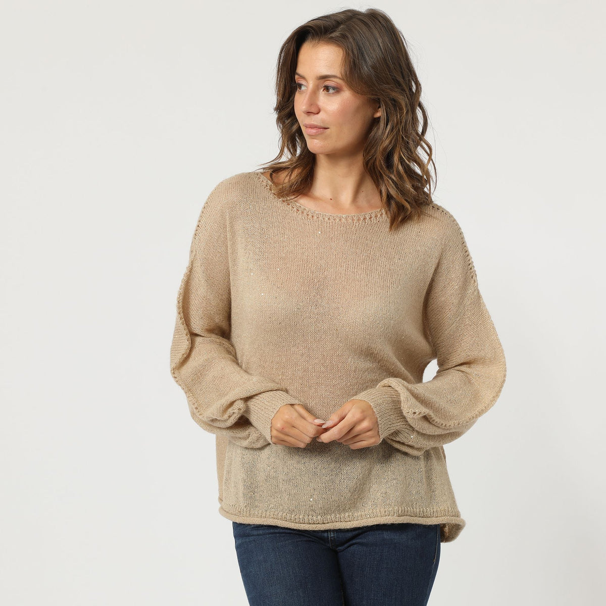 Jersey mujer punto dorado, suéter lentejuelas, manga larga, cuello redondo, diseño efecto perforado, estilo casual elegante, talla única, cómodo y versátil, ideal otoño invierno ✅Entrega 24/48h