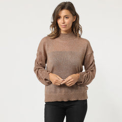 Jersey mujer, suéter punto, diseño liso, detalle lentejuelas, cuello alto, manga larga fruncida, talla única, color marrón, estilo casual, tejido suave, ideal otoño e invierno, cómodo y versátil ✅Entrega 24/48h