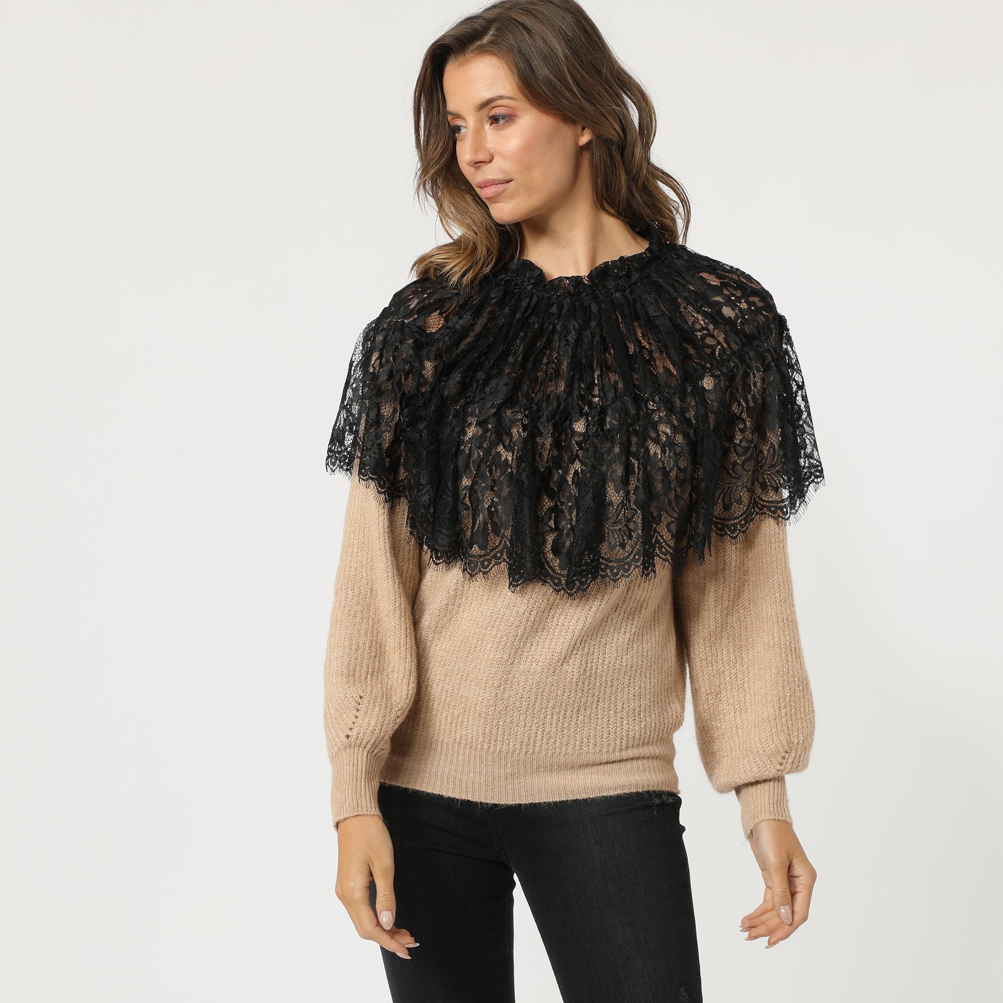 Jersey mujer suéter sweater Love & Money fruncido cuello redondo manga larga detalle encaje negro estilo elegante talla única color beige cómodo ideal otoño invierno ✅Entrega 24/48h