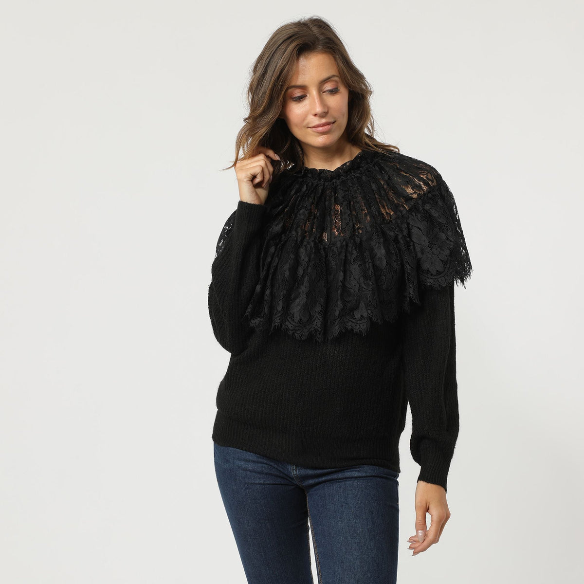 Jersey mujer suéter blusa encaje fruncido cuello redondo manga larga diseño elegante talla única Love & Money negro look sofisticado versátil otoño invierno cómodo ✅Entrega 24/48h