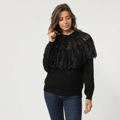 Jersey mujer suéter blusa encaje fruncido cuello redondo manga larga diseño elegante talla única Love & Money negro look sofisticado versátil otoño invierno cómodo ✅Entrega 24/48h