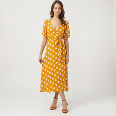 Vestido midi mujer cruzado, dress estampado lunares, manga corta, cinturón ajustable, modelo fresco y versátil, mostaza, talla 36, cómodo, ideal eventos casuales, urbano, verano ✅Entrega 24/48h