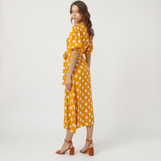 Vestido midi mujer cruzado, dress estampado lunares, manga corta, cinturón ajustable, modelo fresco y versátil, mostaza, talla 36, cómodo, ideal eventos casuales, urbano, verano ✅Entrega 24/48h
