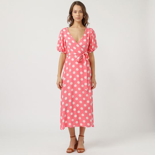 Vestido midi, dress cruzado, lunares, lazo cintura, manga corta, escote en v, estilo elegante y casual, rosa, talla 36, tejido ligero, cómodo, favorecedor, ideal eventos urbanos y especiales, ✅Entrega 24/48h