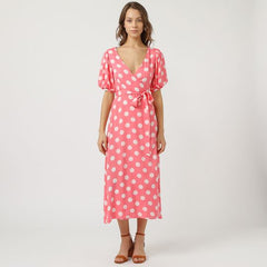 Vestido midi, dress cruzado, lunares, lazo cintura, manga corta, escote en v, estilo elegante y casual, rosa, talla 36, tejido ligero, cómodo, favorecedor, ideal eventos urbanos y especiales, ✅Entrega 24/48h