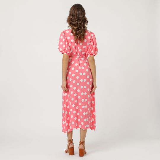 Vestido midi, dress cruzado, lunares, lazo cintura, manga corta, escote en v, estilo elegante y casual, rosa, talla 36, tejido ligero, cómodo, favorecedor, ideal eventos urbanos y especiales, ✅Entrega 24/48h