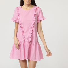 Vestido mujer corto estampado vichy, dress manga corta, volantes, cuello redondo, diseño juvenil, cierre cremallera invisible, tejido ligero, color rosa, talla 36, cómodo, femenino, versátil ✅Entrega 24/48h