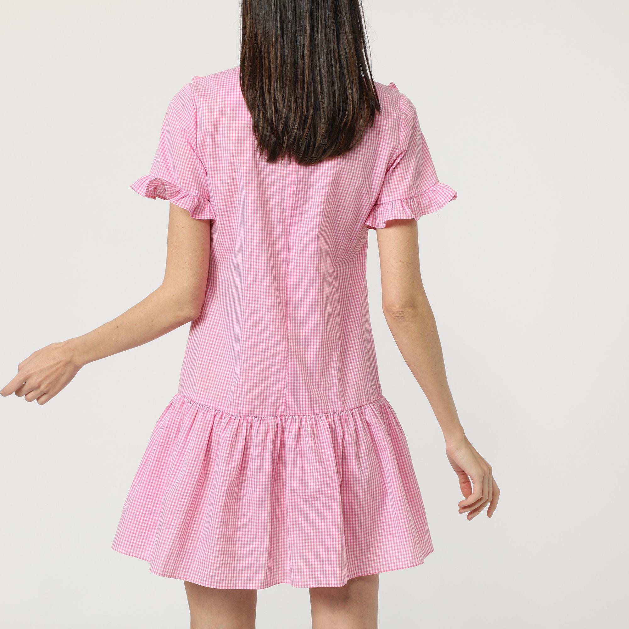 Vestido mujer corto estampado vichy, dress manga corta, volantes, cuello redondo, diseño juvenil, cierre cremallera invisible, tejido ligero, color rosa, talla 36, cómodo, femenino, versátil ✅Entrega 24/48h