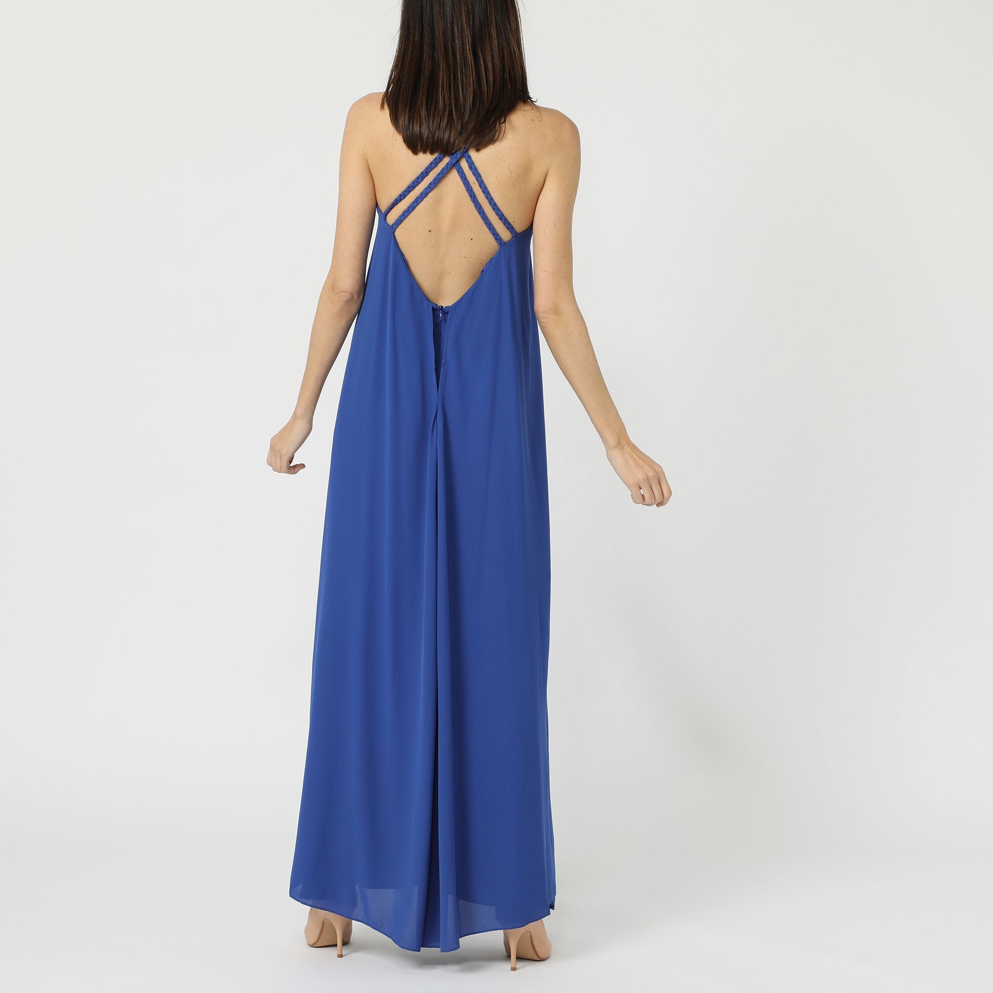 Vestido largo mujer, dress azul, modelo tirantes dobles trenzados, diseño liso elegante, cuello redondo, cierre cremallera invisible, cómodo, talla 38, ideal eventos y diario, flujo suave, ✅Entrega 24/48h
