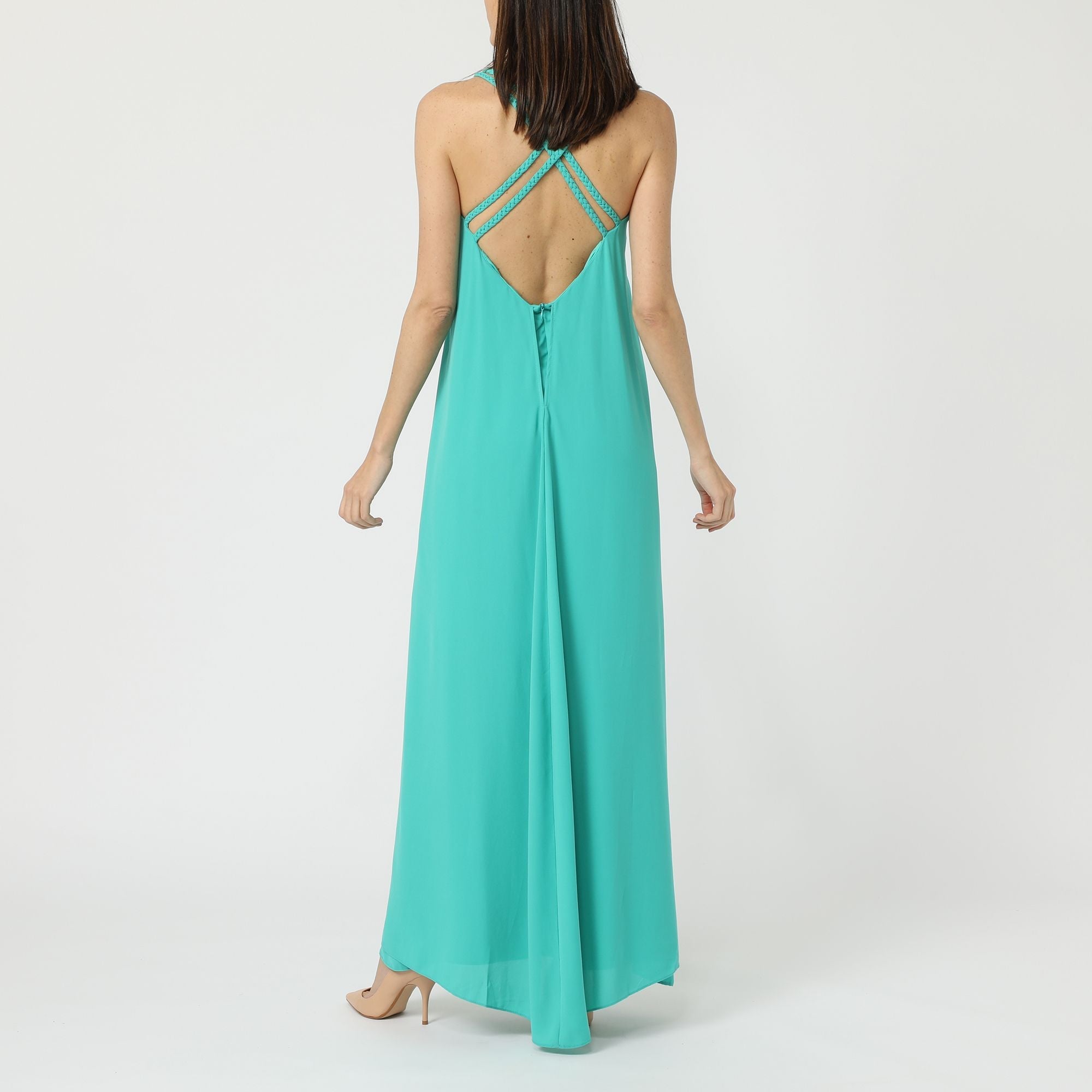 Vestido largo mujer, dress, outfit modelo LA-230059, tejido liso, diseño elegante, tirantes dobles trenzados, cuello redondo, verde, talla 38, cómodo, versátil, ideal eventos,✅Entrega 24/48h