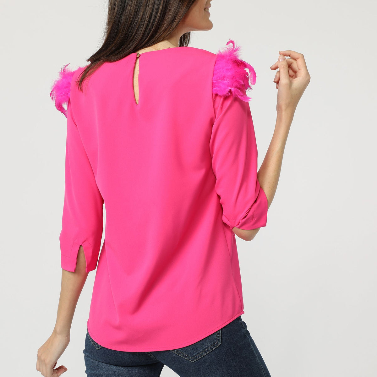 Blusa mujer, camisa top, manga larga, hombro con plumas, diseño liso, poliéster, cuello pico, cierre botón, corte recto, estilo elegante, color fucsia, talla 36, cómoda, tendencia ✅Entrega 24/48h