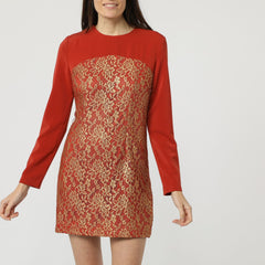 Vestido corto mujer, dress encaje floral, outfit elegante, manga larga, fiesta cóctel, diseño exclusivo, textura ligera, rojo dorado, talla 38, destaca en eventos, sofisticado, cómodo ✅Entrega 24/48h