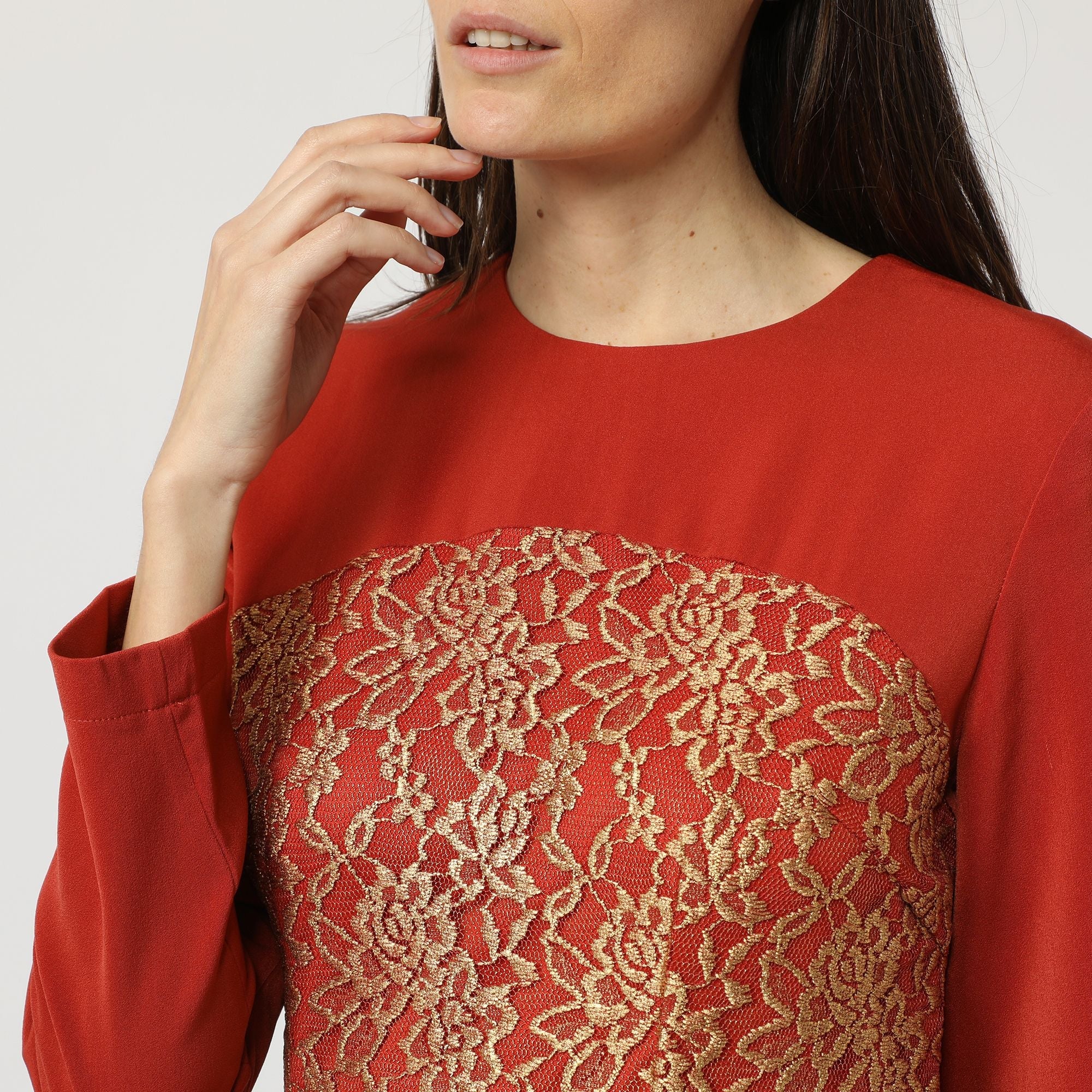 Vestido corto mujer, dress encaje floral, outfit elegante, manga larga, fiesta cóctel, diseño exclusivo, textura ligera, rojo dorado, talla 38, destaca en eventos, sofisticado, cómodo ✅Entrega 24/48h