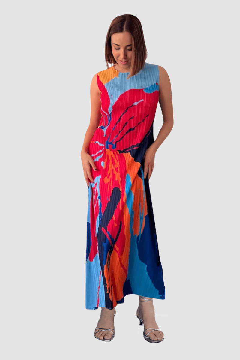 Vestido largo plisado, dress elegante, outfit estampado multicolor, sin mangas, fluido, corte largo, escote redondo, talla única, ideal verano fiestas, prenda cómoda y versátil, colores azul fucsia naranja, ✅Entrega 24/48h