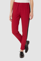 Pantalón mujer tiro medio, pantalones casual, estilo urbano, tejido suave, franja lateral negra, look sofisticado, cómodo, versátil, color rojo, talla S, ideal oficina y salidas, variaciones colores, ✅Entrega 24/48h