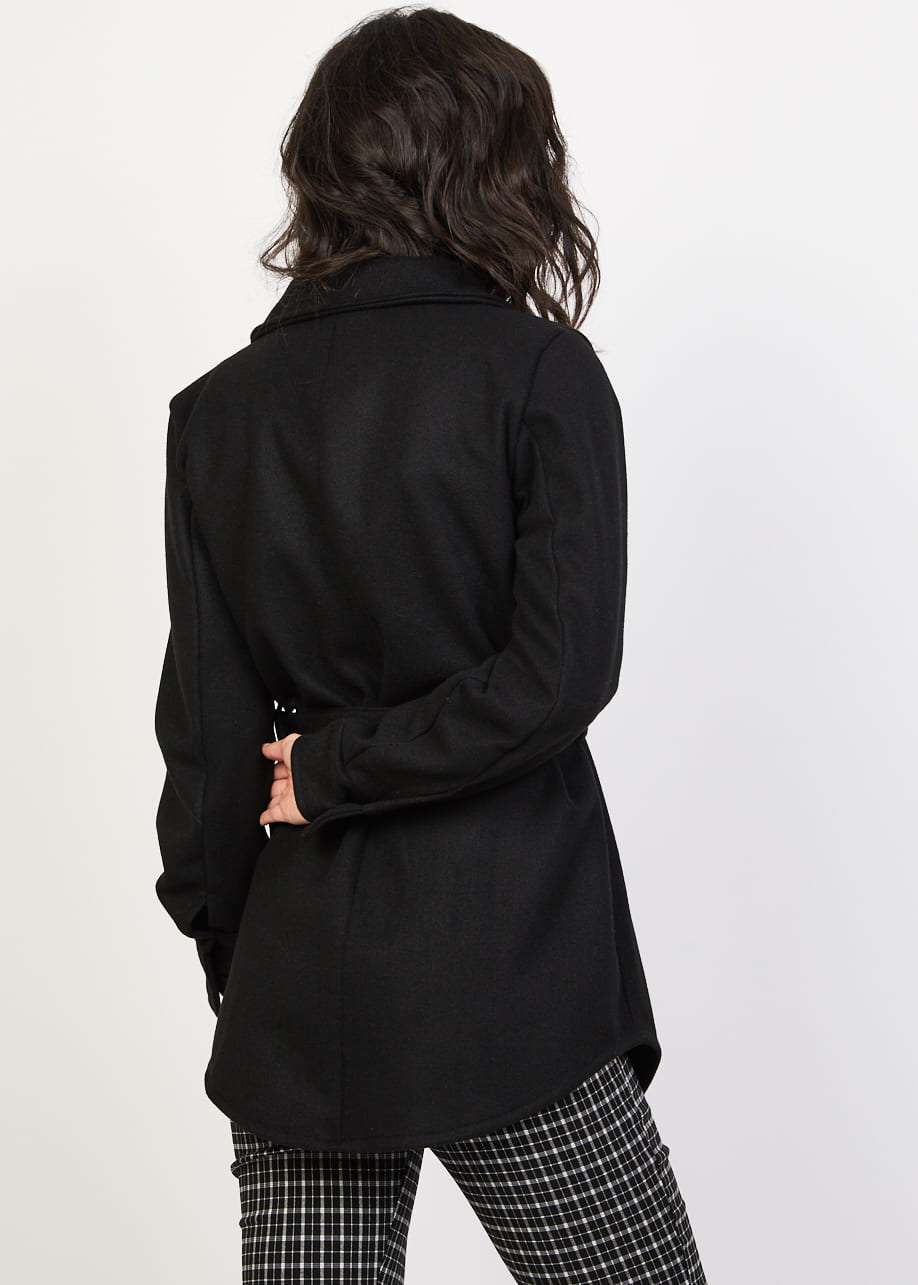 Abrigo afelpado mujer, coat, trench, tejido poliéster negro, cuello clásico, manga larga, cinturón ajustable, 4 bolsillos frontales, botones, talla L, cálido, elegante, versátil, oficina y casual ✅Entrega 24/48h