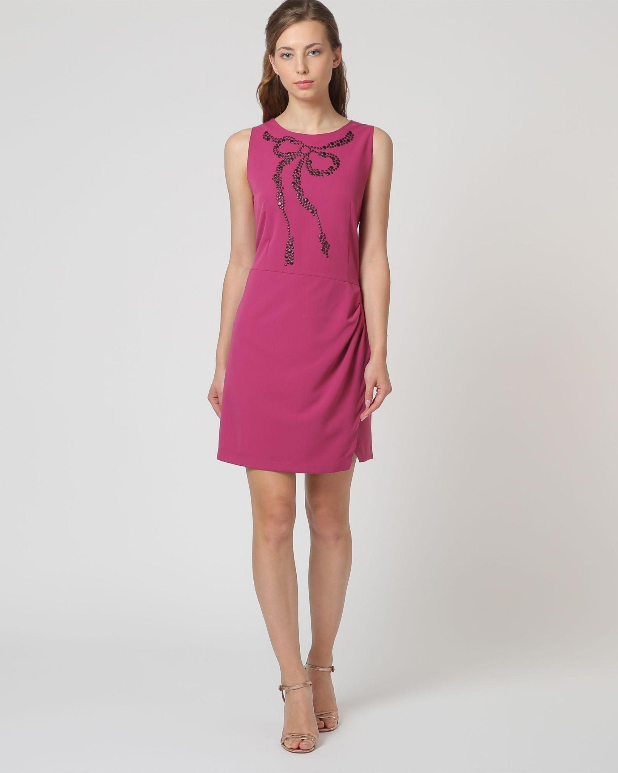 Vestido corto mujer, dress sin mangas, diseño bicolor, poliéster, bordado hilo metalizado, cuello redondo, corte elegante, cómodo, fucsia, talla 40, outfit moderno, ideal eventos, ✅Entrega 24/48h