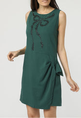 Vestido mini elegante, dress sin mangas, diseño plisado lateral, lazo decorativo, cuello redondo, cierre invisible, cómodo, versátil, único color verde, talla 36. Apto fiestas, eventos, oficina. ✅Entrega 24/48h