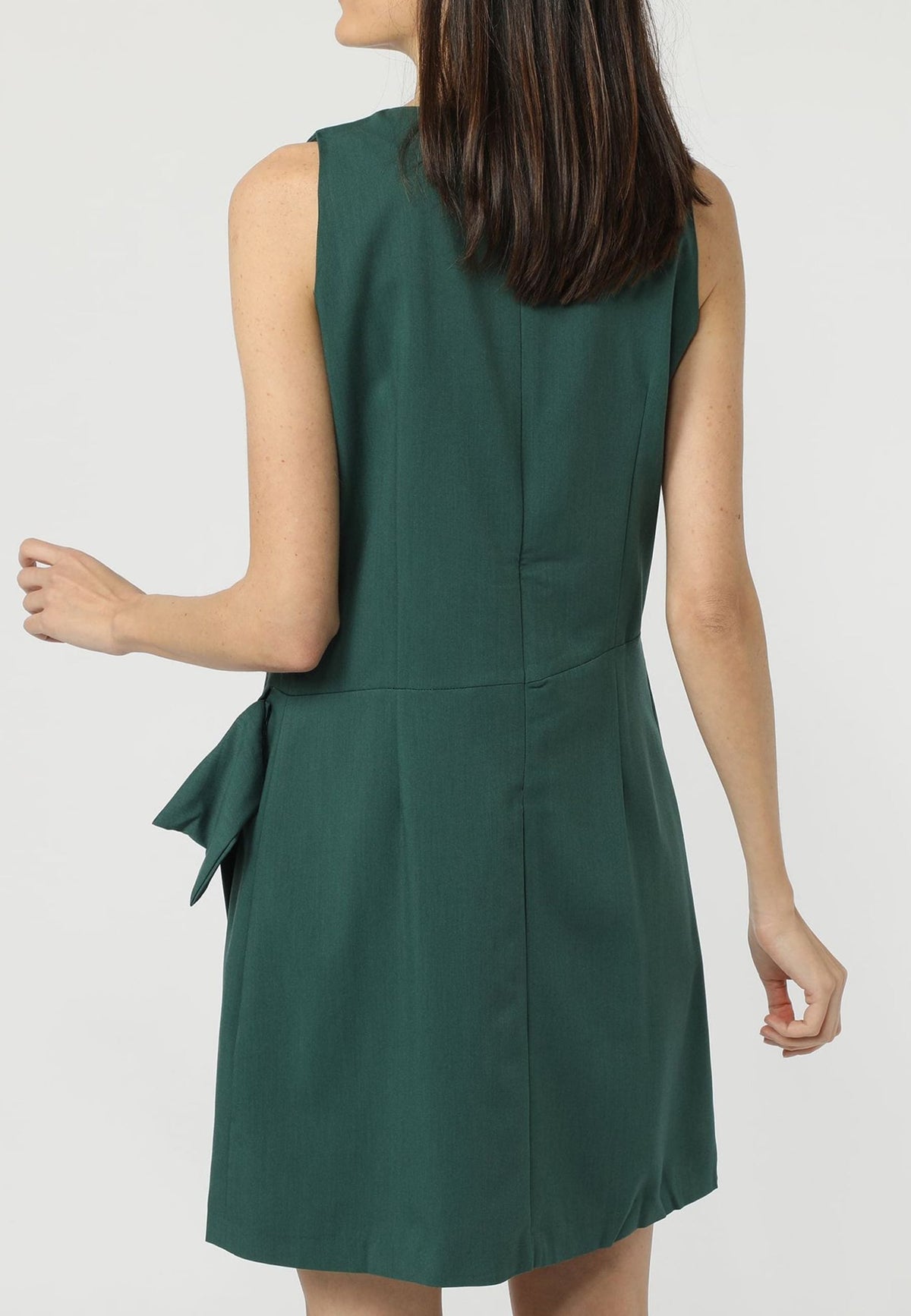 Vestido mini elegante, dress sin mangas, diseño plisado lateral, lazo decorativo, cuello redondo, cierre invisible, cómodo, versátil, único color verde, talla 36. Apto fiestas, eventos, oficina. ✅Entrega 24/48h