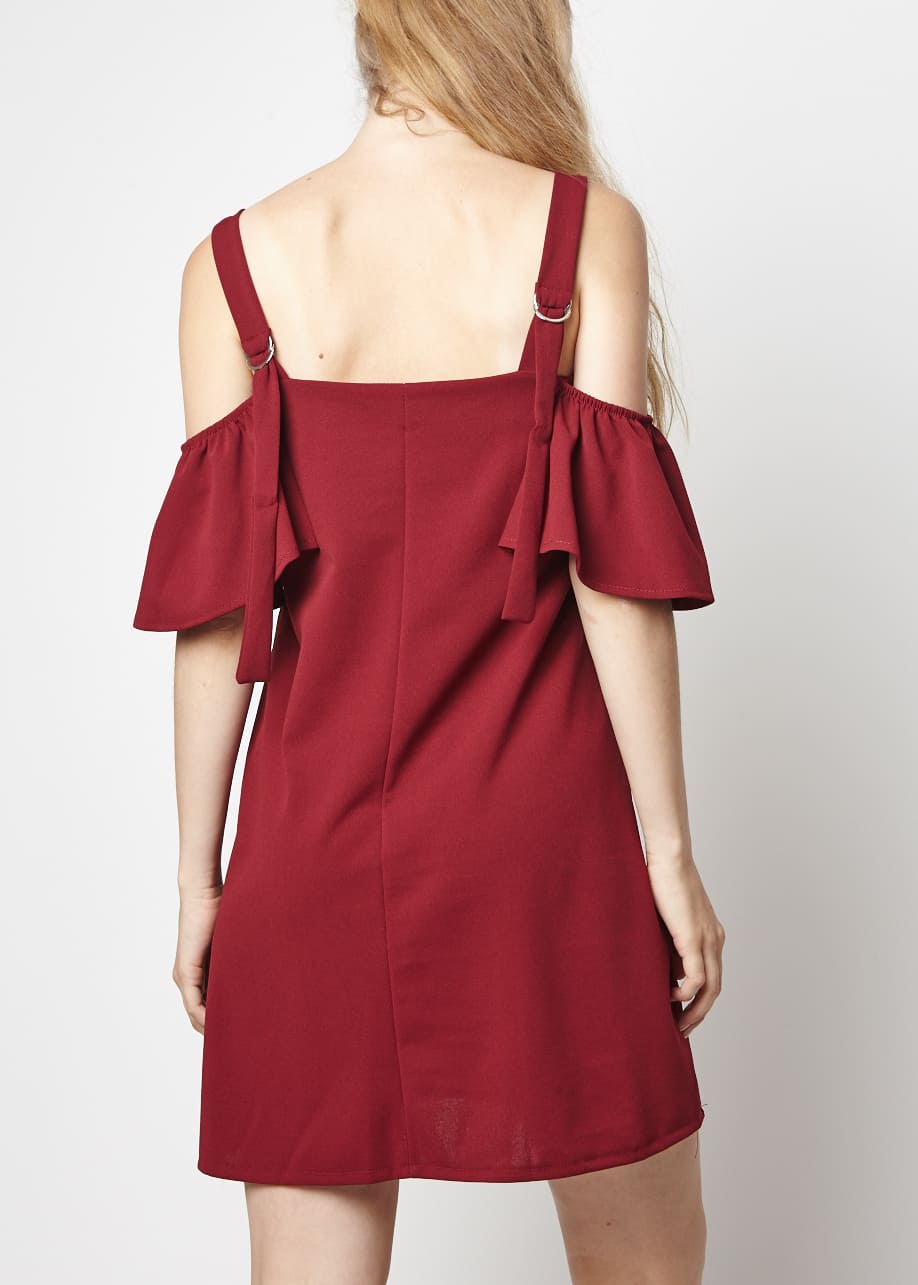 Vestido corto mujer, dress juvenil hombros descubiertos, volantes, tela fluida, escote recto, estilo casual elegante, talla L, color burdeos, versátil urbano, cómodo, realza silueta, fiesta, ✅Entrega 24/48h