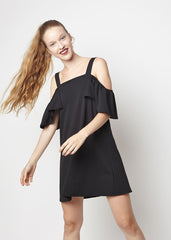 Vestido corto mujer, dress mini hombros descubiertos, tirantes anchos, volantes, estilo casual elegante, material ligero, talla L, negro, cómodo versátil, ideal eventos urbanos y salidas, variaciones colores ✅Entrega 24/48h