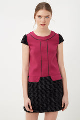 Vestido corto mujer combinado rosa y negro, manga corta, cuello redondo, parte inferior efecto pelo, estilo moderno casual elegante, detalles ribete contraste, cierre cremallera, talla 38, cómodo versátil ✅Entrega 24/48h
