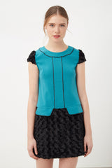 Blusa estructurada mujer, top moderno, manga corta, ribete contraste, tejido suave de alta calidad, corte recto elegante, azul, talla 36, look sofisticado y versátil para eventos ✅Entrega 24/48h