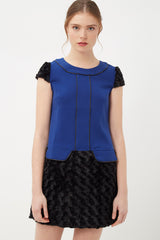 Vestido corto mujer bicolor azul negro texturizado, dress elegante y cómodo, paneles contraste textura suave, talla 36, ideal oficina evento urbano, combina tacones botines, 36 colores disponibles, ✅Entrega 24/48h