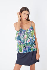 Blusa tirantes mujer top doble capa estampado tropical volantes diseño fresco ligero, corte regular, estilo veraniego, color verde, talla L, ideal looks urbanos y playa, versátil y cómoda ✅Entrega 24/48h