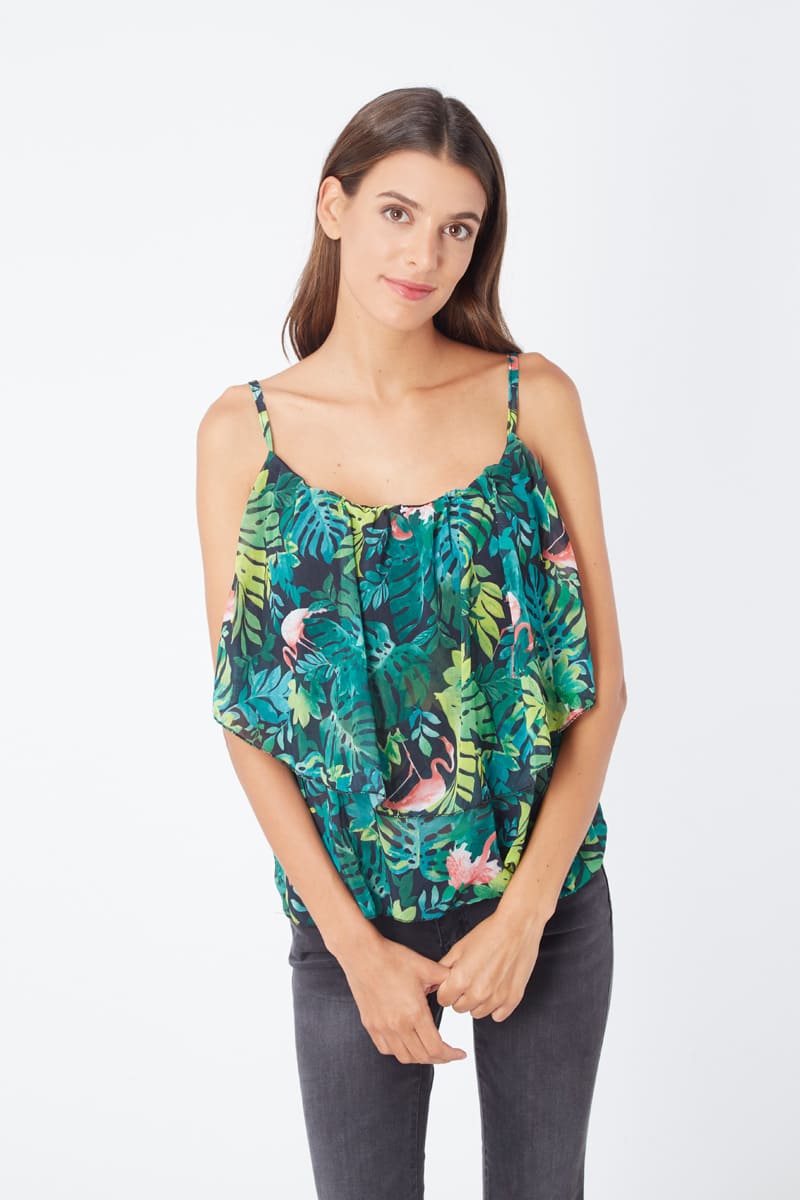 Blusa tirantes mujer, top holgado, estampado tropical, textura ligera, casual, fresca, ideal verano, combina jeans o faldas, estilo relajado, color verde, talla M, moda urbana femenina ✅Entrega 24/48h