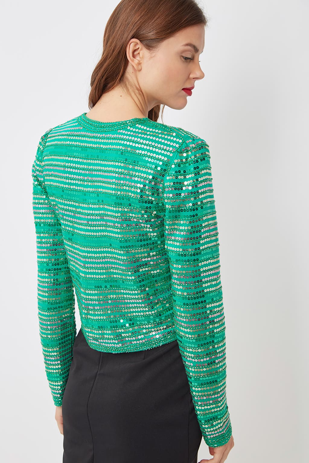 Chaqueta corta mujer lentejuelas, blazer brillante, ideal look de fiesta o eventos, diseño crop elegante, tejido con textura, verde, talla S, versátil y sofisticada, combina vestidos o jeans, ✅Entrega 24/48h