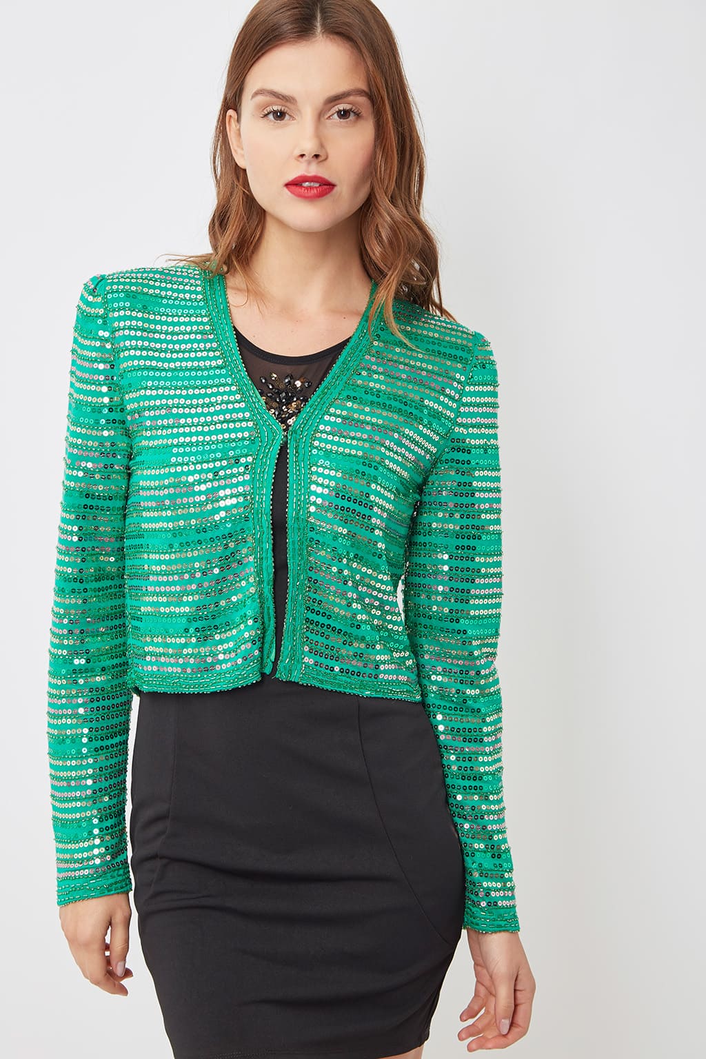 Chaqueta corta mujer lentejuelas, blazer brillante, ideal look de fiesta o eventos, diseño crop elegante, tejido con textura, verde, talla S, versátil y sofisticada, combina vestidos o jeans, ✅Entrega 24/48h