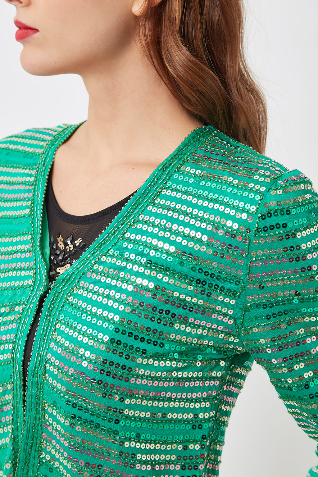 Chaqueta corta mujer lentejuelas, blazer brillante, ideal look de fiesta o eventos, diseño crop elegante, tejido con textura, verde, talla S, versátil y sofisticada, combina vestidos o jeans, ✅Entrega 24/48h