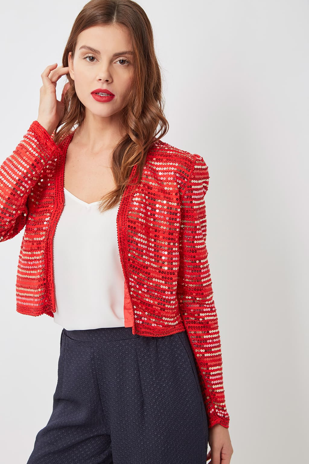 Chaqueta mujer, blazer corta, jacket fiesta lentejuelas brillo, manga larga, ligera, elegante, rojo, talla S, ideal eventos noche, combinación versátil pantalón falda, sofisticada, cómoda ✅Entrega 24/48h