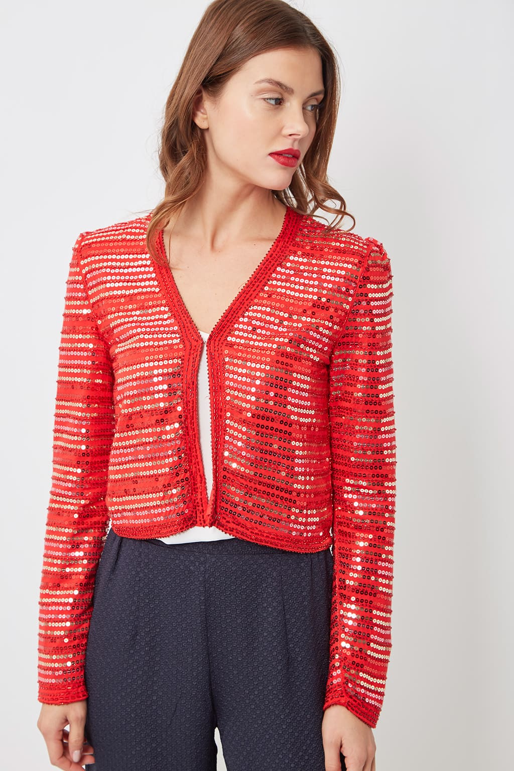 Chaqueta mujer, blazer corta, jacket fiesta lentejuelas brillo, manga larga, ligera, elegante, rojo, talla S, ideal eventos noche, combinación versátil pantalón falda, sofisticada, cómoda ✅Entrega 24/48h