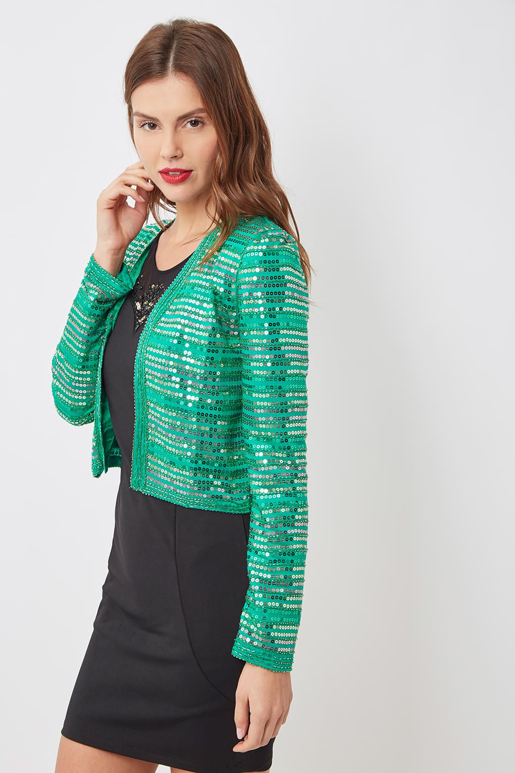 Chaqueta corta mujer lentejuelas, blazer brillante, ideal look de fiesta o eventos, diseño crop elegante, tejido con textura, verde, talla S, versátil y sofisticada, combina vestidos o jeans, ✅Entrega 24/48h