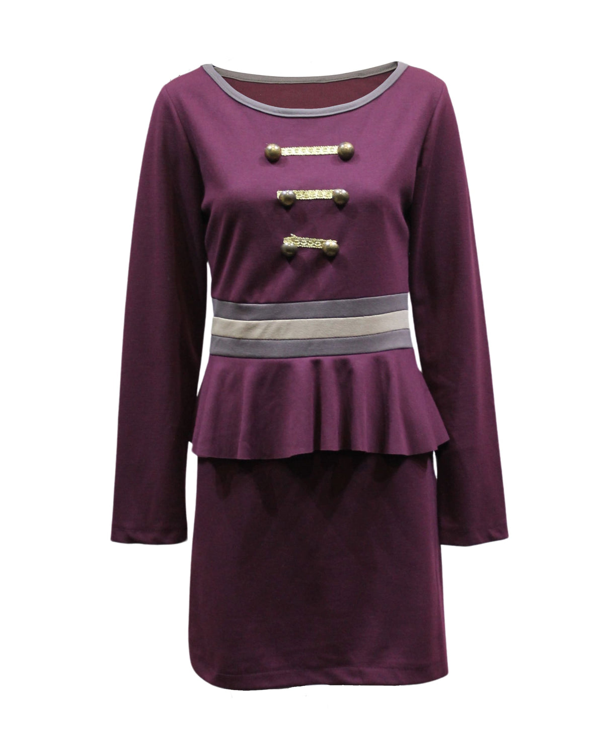 Vestido peplum, dress elegante manga larga, botones metálicos decorativos, falda con volante, tejido suave, estilo urbano, color morado, talla M, cómodo, sofisticado, look versátil ✅Entrega 24/48h