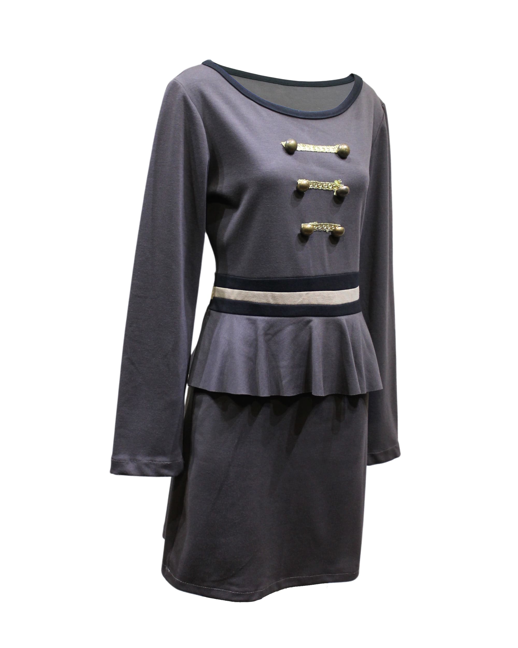 Vestido peplum gris, dress manga larga, botones metálicos decorativos, corte regular, estilo casual sofisticado, ideal oficina eventos, talla S, tejido suave cómodo, look versátil y elegante, gris ✅Entrega 24/48h