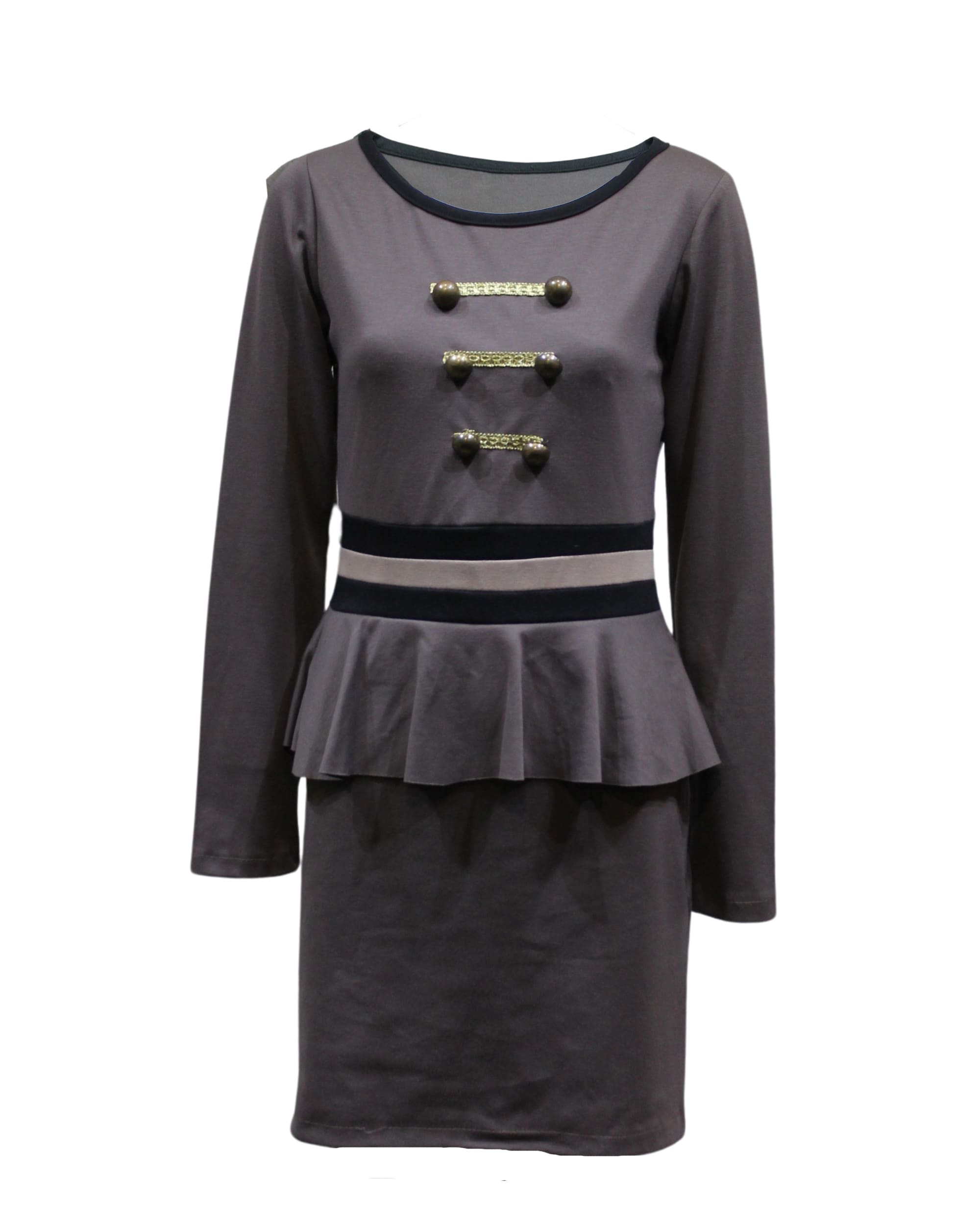Vestido peplum gris, dress manga larga, botones metálicos decorativos, corte regular, estilo casual sofisticado, ideal oficina eventos, talla S, tejido suave cómodo, look versátil y elegante, gris ✅Entrega 24/48h