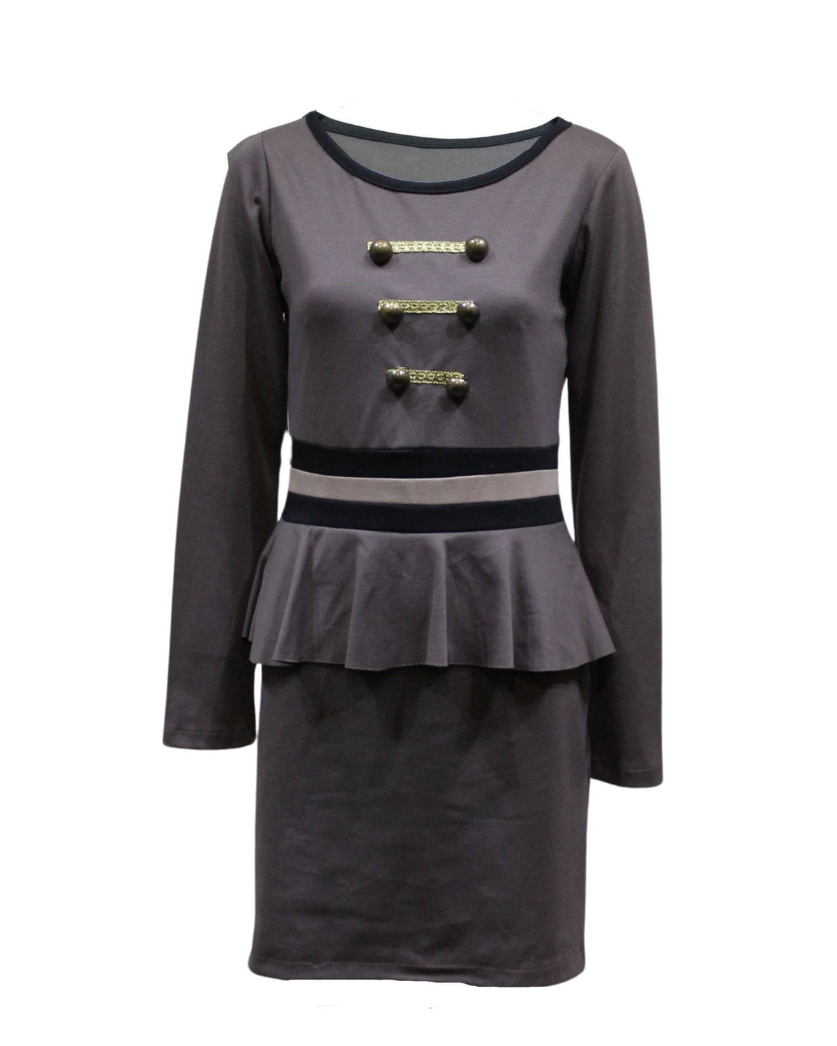 Vestido peplum gris, dress manga larga, botones metálicos decorativos, corte regular, estilo casual sofisticado, ideal oficina eventos, talla S, tejido suave cómodo, look versátil y elegante, gris ✅Entrega 24/48h