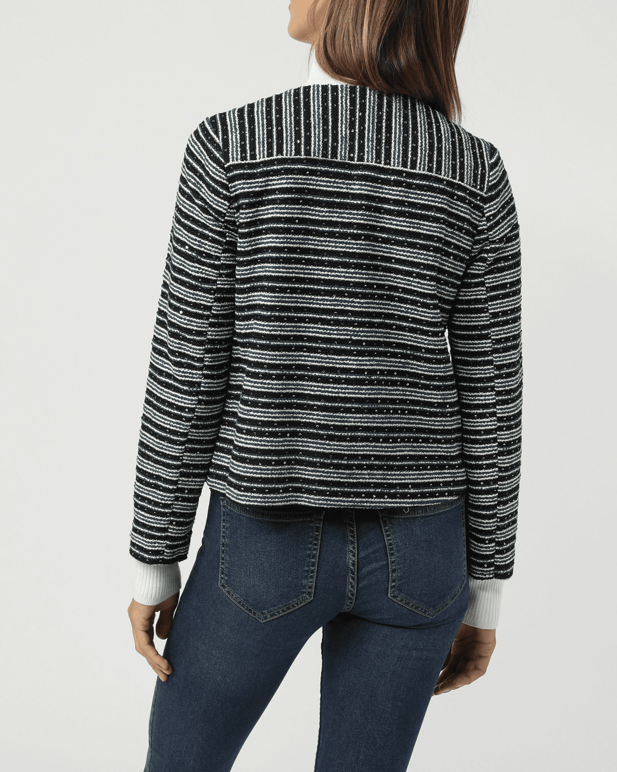 Chaqueta tweed mujer, blazer, abrigo corto, diseño rayas blanco y negro, ajuste recto, bolsillos frontales, tejido suave, elegante, talla L, ideal oficina o casual, versátil, cómoda, moderna ✅Entrega 24/48h